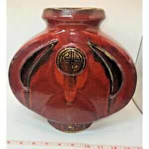 11" Medallion Flambe Pigeon Blood Glaze Pottery Baluster Vase Destressed-Signed